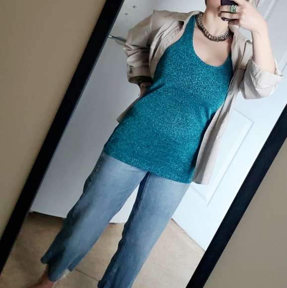 EXPRESS Glitzy Shimmery Metallic Turquoise Festive Semi-sheer Racerback Tank Top - Picture 7 of 16